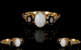 Ladies - Antique Style 9ct Gold Opal and Garnet Dress Ring, Good Setting and Nice Opal.