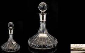 Elizabeth II Top Quality Silver Collared Heavy Cut Crystal Ships Decanter with silver spirit label