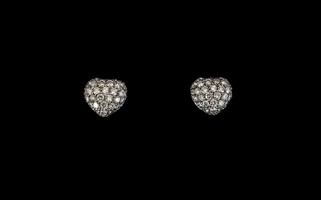 Ladies - Attractive 18ct White Gold Heart Shaped Pair of Diamond Set Earrings, Est Diamond Weight 1.