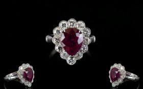 Ladies Superb Quality 18ct White Gold Ruby & Diamond Set Cluster Ring of Pear Shape.