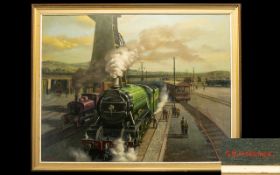 P.H Marriner British 20th Century Artist Oil On Canvas 'The Flying Scotsman At Central Station