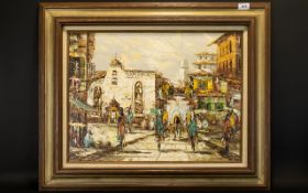 Original Impasto Oil On Canvas Depicting impressionistic figures in Mexican street scene.