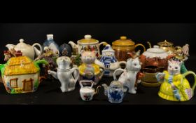 A Collection Of Novelty Decorative Tea Pots To Include, An Old Willow Oriental Style Tea Pot,