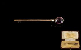 Victorian Period - Boxed 9ct Gold Amethyst and Seed Pearl Stick Pin. The Amethyst of Good Colour,