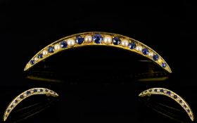 Victorian Period - Attractive 18ct Yellow Gold Sapphire and Pearl Set Cresent Moon Brooch, Poss