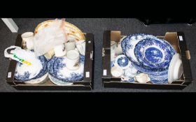 Two Boxes Of Mixed Pottery Items To include various blue and white cabinet plates, tankards, mugs,