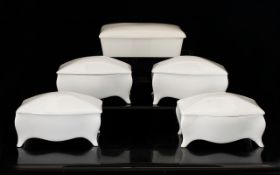 Shelley White China 4 Covered Boxes with feet plus an Aynsley White China Oblong Box.