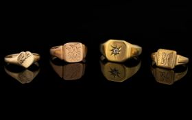 Four 9ct Gold Signet Rings One Set with single old rose cut diamond, gross weight, 11 grams.