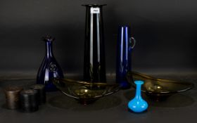 A Mixed Collection Of Art Glass To include Danish Viking face cobalt blue bottle, tall cobalt blue