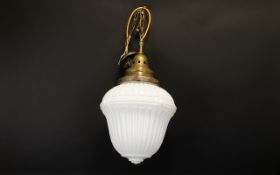 20th Century Lantern Form Ceiling Light Opaline moulded glass shade on antiqued brass mount with