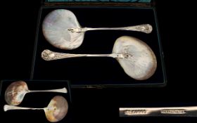 Victorian Period Boxed Pair of Superb Silver Plated Mother of Pearl Shell Oyster Serving Spoons.