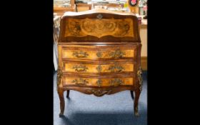 Italian Style Inlaid Writing Bureau - comprising fall front bureau above three drawers,