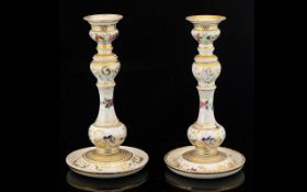 A Pair Of Jacob Petit 19th Century French Porcelain Candlesticks Painted floral and bird decoration