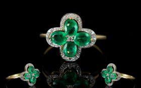 Emerald and White Zircon Quatrefoil Ring, four oval cut emeralds, totalling 1.