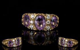 Ladies - Attractive 3 Stone Amethyst Set Dress Ring. Fully Hallmarked for 9ct. Ring Size O - P. 4.