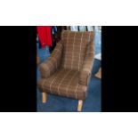 Schrieber Plaid Upholstered Armchair - modern, low chair in neutral tone windowpane check fabric.