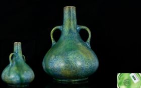 Chameleon Ware Tunstall Twin Handle Vase Mottled green and blue ground with twin handle and slim