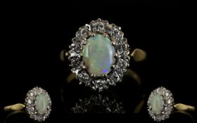 18ct Gold - Attractive Opal and Diamond Set Cluster Ring, Flower head Design.