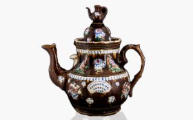 Victorian Period Measham/ Barge Ware Treacle Glazed Large Teapot circa 1890's applied floral and