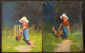 Pair Of 1900's Oils On Canvas Depicting Comical Boys Playing Cricket. 'At The Crease', and Bowled