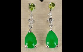 Green Jade, Peridot and White Topaz Drop Earrings, a pear cut green jade cabochon below a round