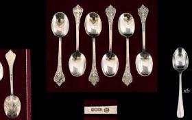 Sterling Silver Charles II Before and After Reproduction Box Set of Six ' Trifid ' Lace Back Spoons.