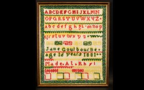 Victorian Alphabet Sampler Polychrome sampler displaying alphabet and Greek key design by Jane