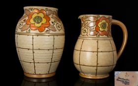 Charlotte Rhead Bursley Ware Vase & Matching Jug. 1. Vase - Trellis yellow/orange flowers T.C.