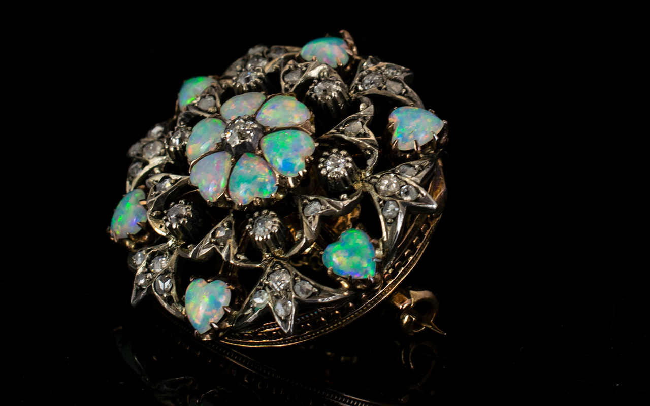 Antique Period Superb Quality 15ct Gold Opal And Diamond Set Circular Brooch/Pendant With Safety - Image 2 of 2