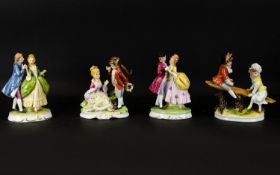 Sitzendorf Style Figures, each raised on oval bases,with gilt trim to include girl and boy on see-