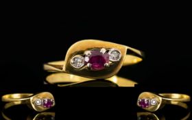 18ct Gold - Art Deco Period Petite 3 Stone Diamond and Ruby Dress Ring, Marked 750 - 18ct.