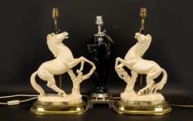 Two Figural Horse Table Lamps - Height 17.5 Inches Without The Shades. Complete With Lamp Shades.