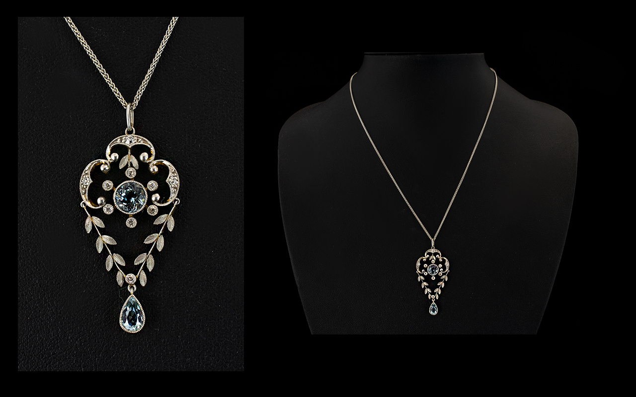 Edwardian Period Superb 18ct White Gold Aquamarine and Diamond Pendant Drop of Exquisite Form,