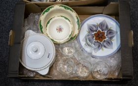 Box Of Misc, Comprising Plain White Tureen, Denby Plate, Myott Fruit Set & Six Glasses
