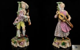 German - Late 19th Century Pair of Hand Paste Porcelain Figures - Male and Female Musicians.