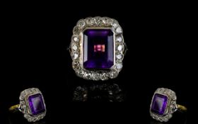 Antique Period Superb Quality Amethyst and Diamond Set Dress Ring - The Superb coloured amethyst