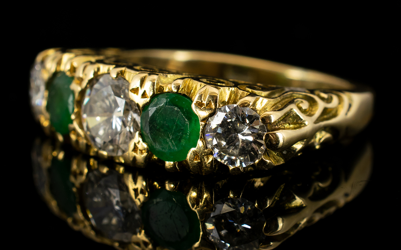 18ct Gold - Pleasing and Attractive 5 Stone Diamond and Emerald Dress Ring, Gallery Set. - Image 2 of 2