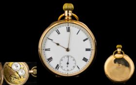 Waltham Traveller 9ct Gold Open Faced Pocket Watch Comprising white porcelain dial with black Roman