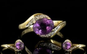 Ladies 9ct Gold Amethyst and Diamond Set Dress Ring, Amethyst of Good Colour,