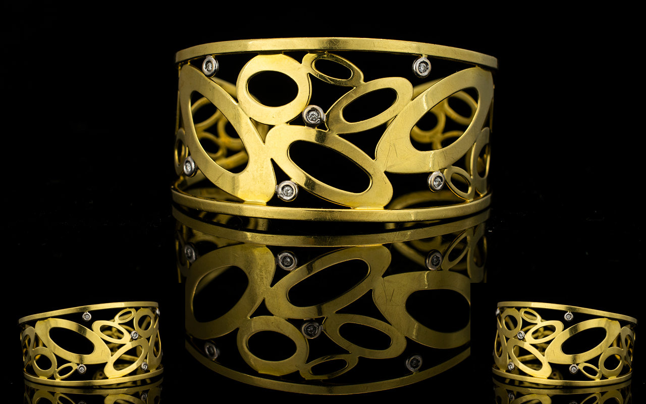 18ct Gold And Diamond Set Italian Designer Cuff Of Abstract Design set with six collet set diamonds