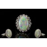 18ct White Gold Attractive Diamond and Opal Set Cluster Ring, Flower head Design,