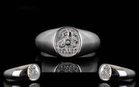 Platinum Signet Ring Raised crest to front set with single diamond, fully hallmarked, ring size, Q,