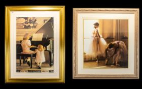 Two Large Framed Prints The first in pastel and swept gilt frame depicting ballerinas stretching,