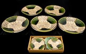 Japanese Art Pottery Dishes five bowls in a fitted wooden box with Japanese calligraphy to lid,