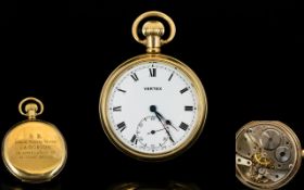 Vertex Swiss Made 15 Jewels Gold Plated Keyless Open Faced Pocket Watch.