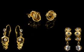 A Collection Of 18ct Yellow Gold Diamond And CZ Set Earrings Three pairs to include unmarked knot