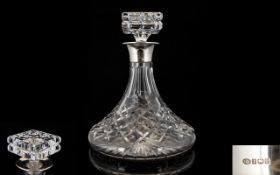 Elizabeth II Fine Quality and Heavy Silver Collared Cut Crystal Ships Decanter, Star Base.