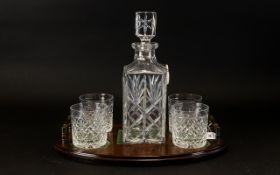 A Whiskey Decanter With Tray Square form cut glass decanter with four cut crystal tumblers,