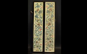 A Matched Pair Of Antique Chinese Silk Embroidered Cuff Panels Each framed and glazed, each on ivory