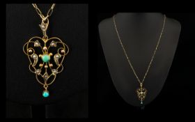 Art Nouveau 9ct Gold Openwork Pendant Comprising central turquoise, surrounded by spilt seed pearls,